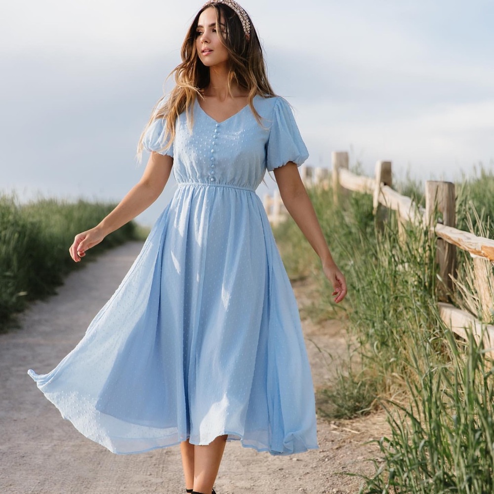 Jessakae Highbury dress light blue Swiss dot midi dress flowy puff sleeve